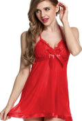 Woman wearing a red satin nightgown on a white background