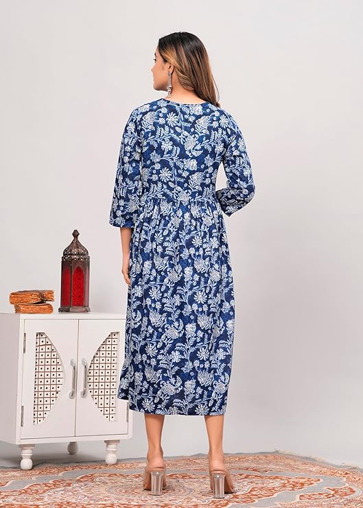 Blue Anarkali Poly Crepe Printed Kurti for Women