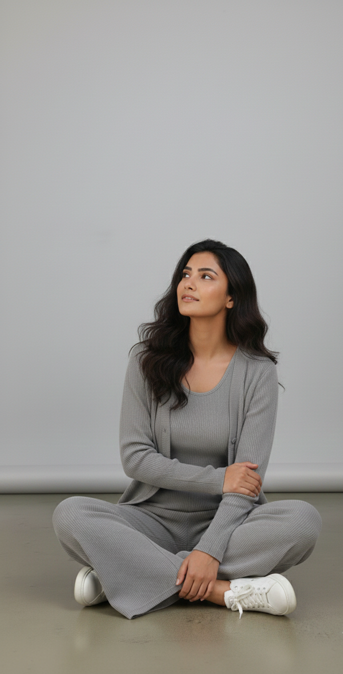 Woman sitting on the floor wearing a gray outfit with a plain background