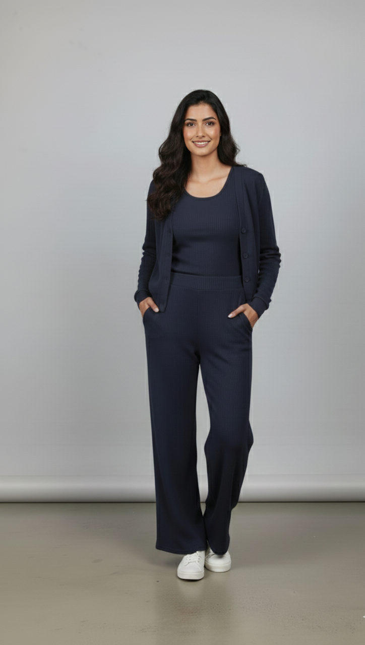 Woman wearing a navy blue outfit with a matching cardigan against a plain background