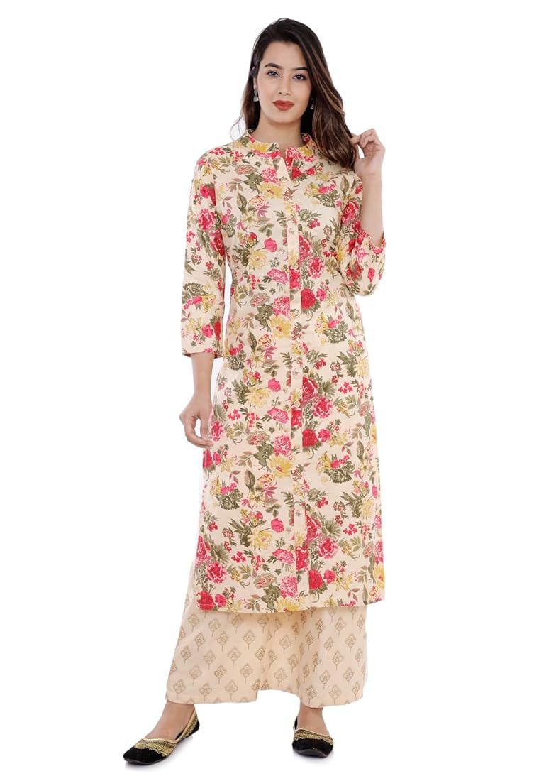 Woman wearing a floral kurta with matching pants on a white background
