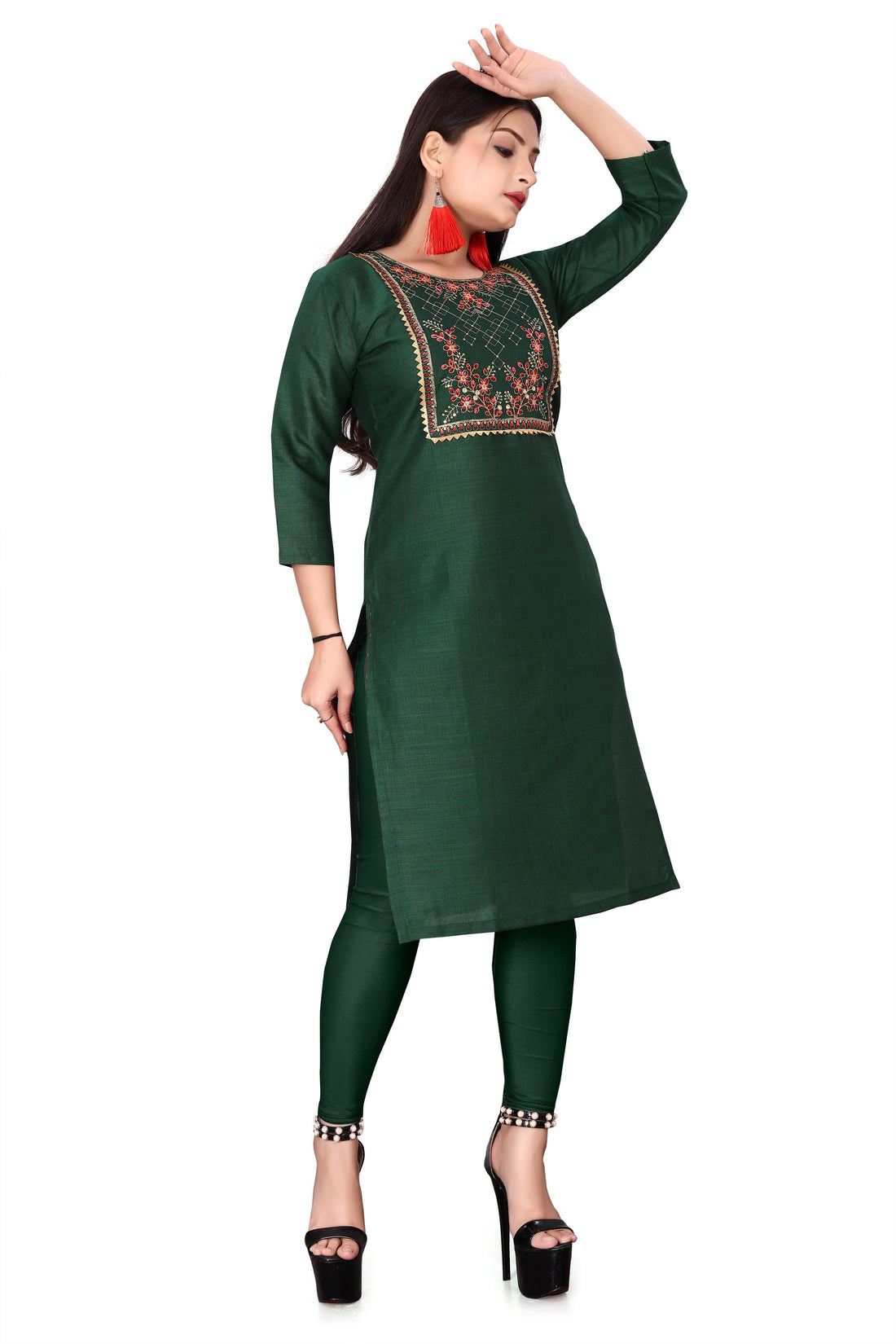 Women's Green Embroidery Cotton Co-Ord Kurti Sets