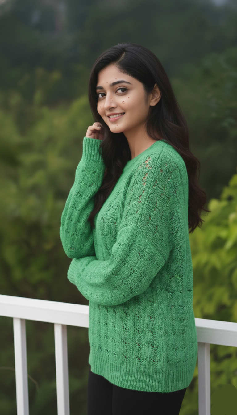 Woman wearing a green sweater standing outdoors with a blurred natural background