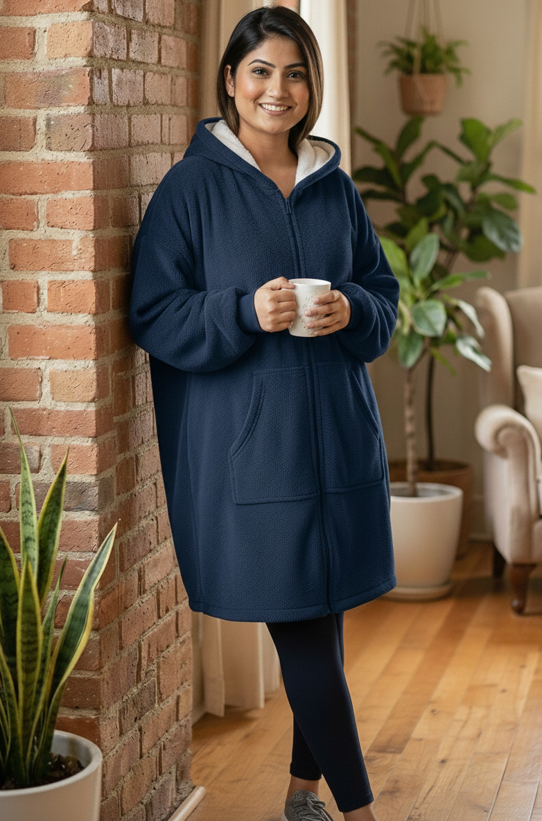 Woman wearing a blue hoodie in a cozy living room setting
