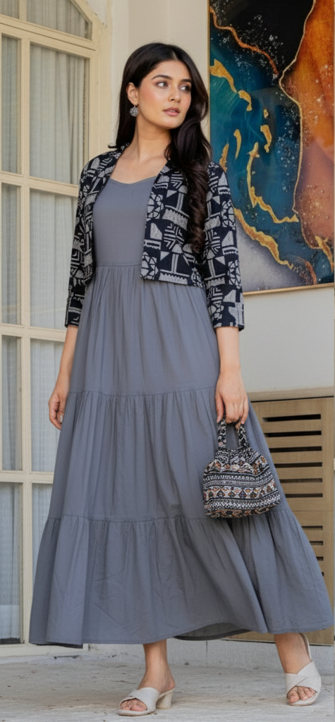 Woman wearing a long gray dress with a patterned jacket indoors.