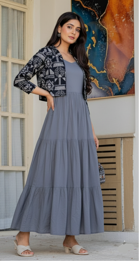 Woman wearing a long gray dress with a patterned jacket indoors.