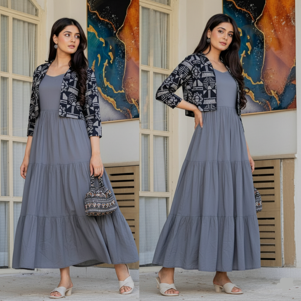 Woman wearing a long gray dress with a patterned jacket indoors.
