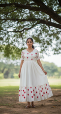 Woman in a white dress with red heart patterns standing under a tree in a park.