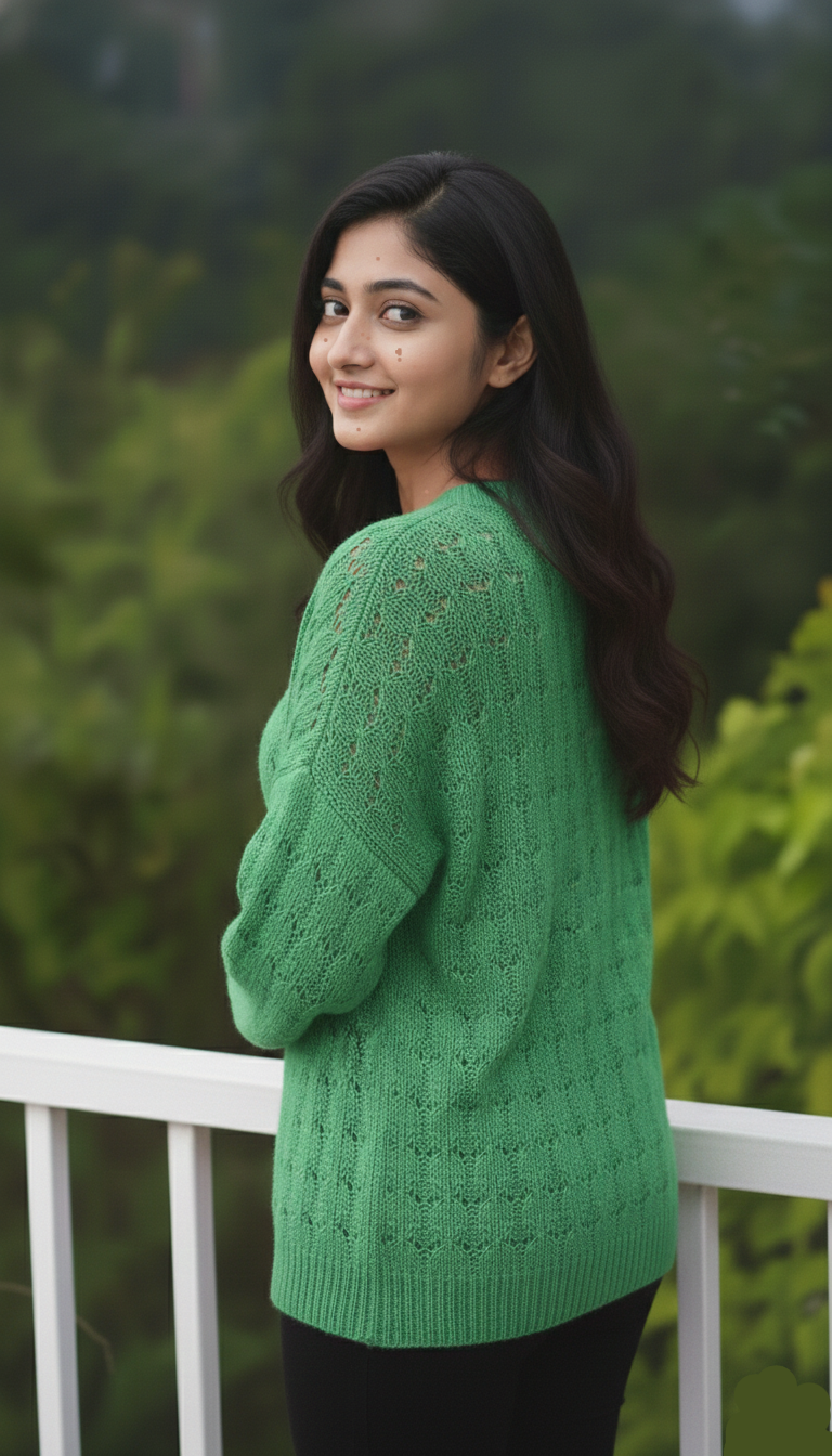 Woman wearing a green sweater standing outdoors with a blurred natural background