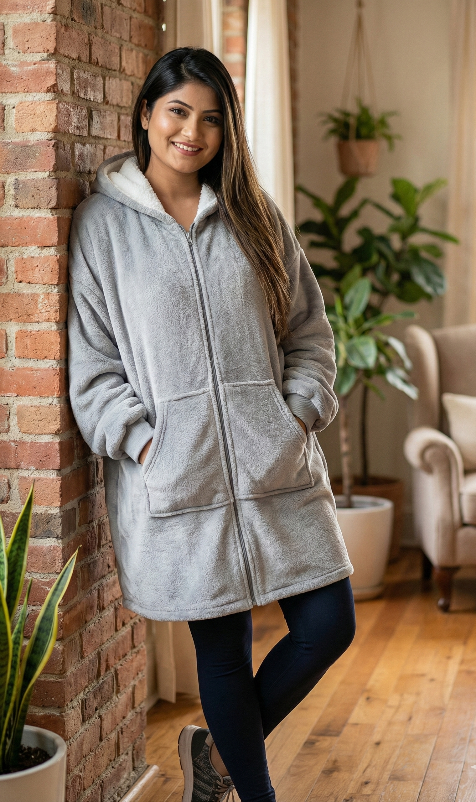 Woman wearing a gray hoodie in a cozy living room.