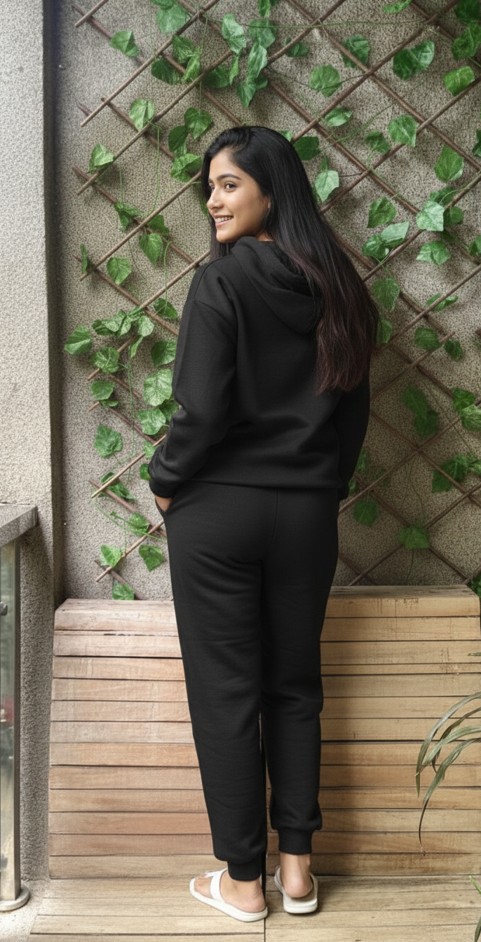 Woman in black hoodie and pants standing against a textured wall with greenery