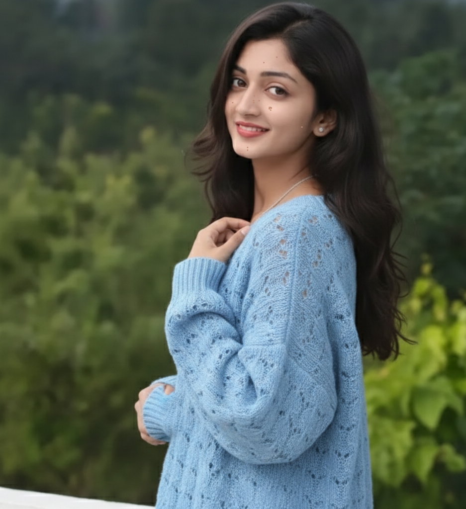 Woman wearing a blue sweater with a blurred green background