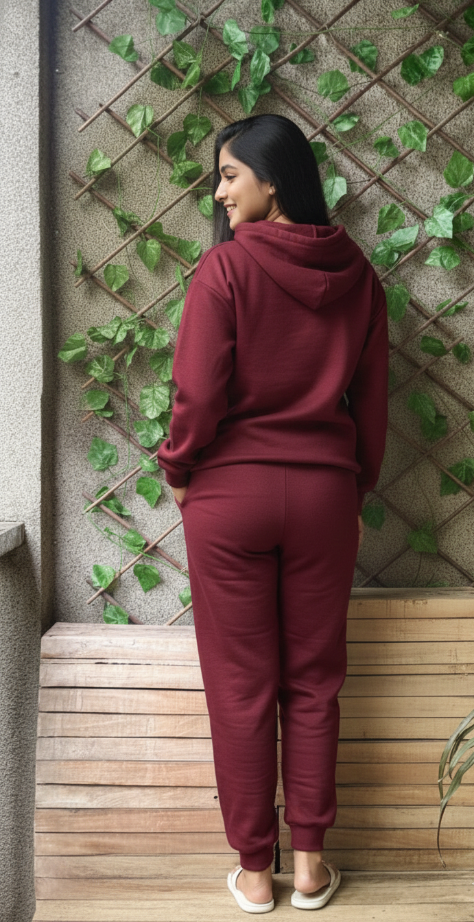 Person wearing a maroon hoodie and pants against a wall with greenery