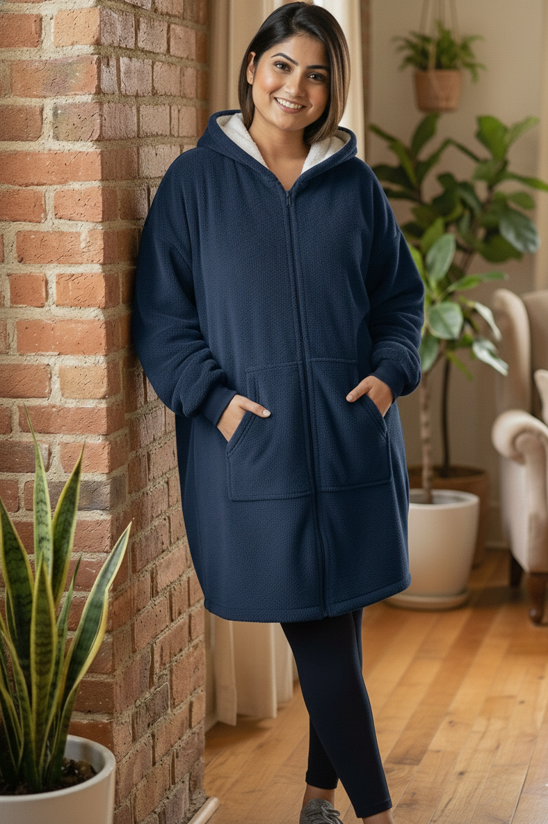 Woman wearing a blue hoodie in a cozy living room setting