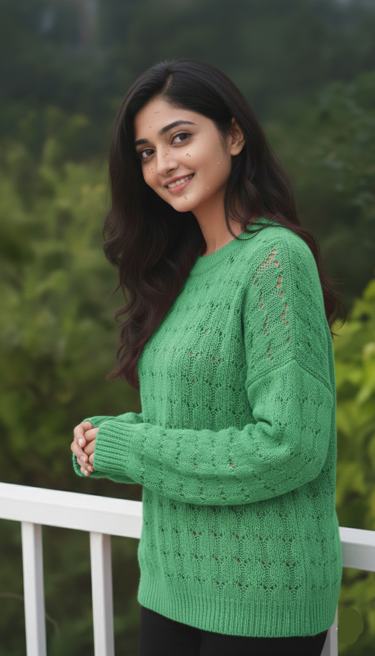 Woman wearing a green sweater standing outdoors with a blurred natural background
