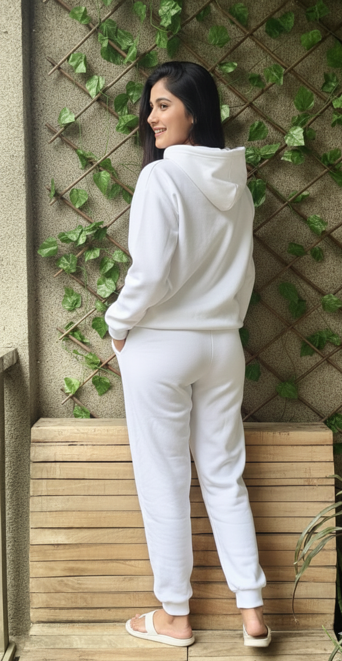 Woman wearing a white hoodie and pants standing against a wall with greenery.