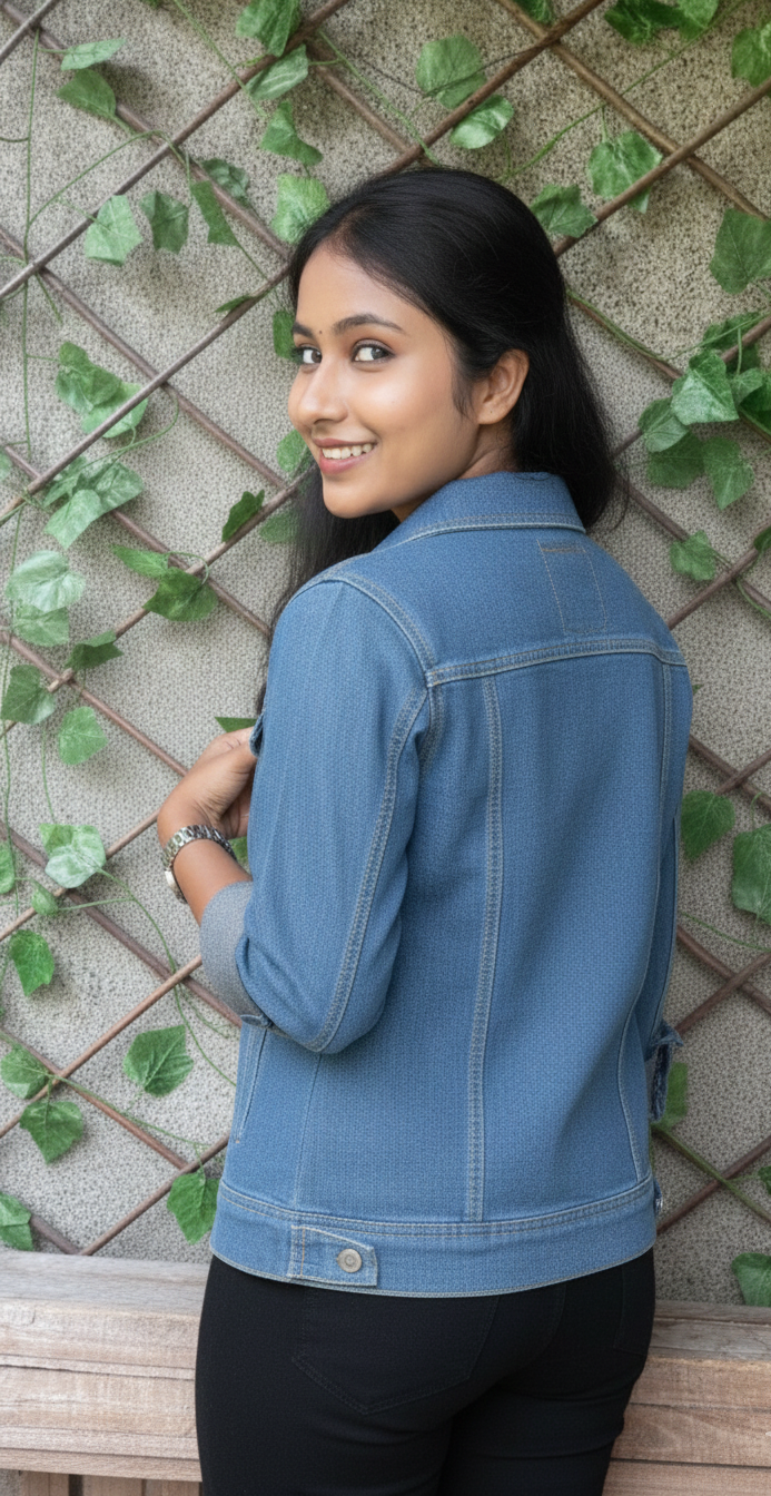 Woman wearing a blue denim jacket standing against a textured wall with green leaves.