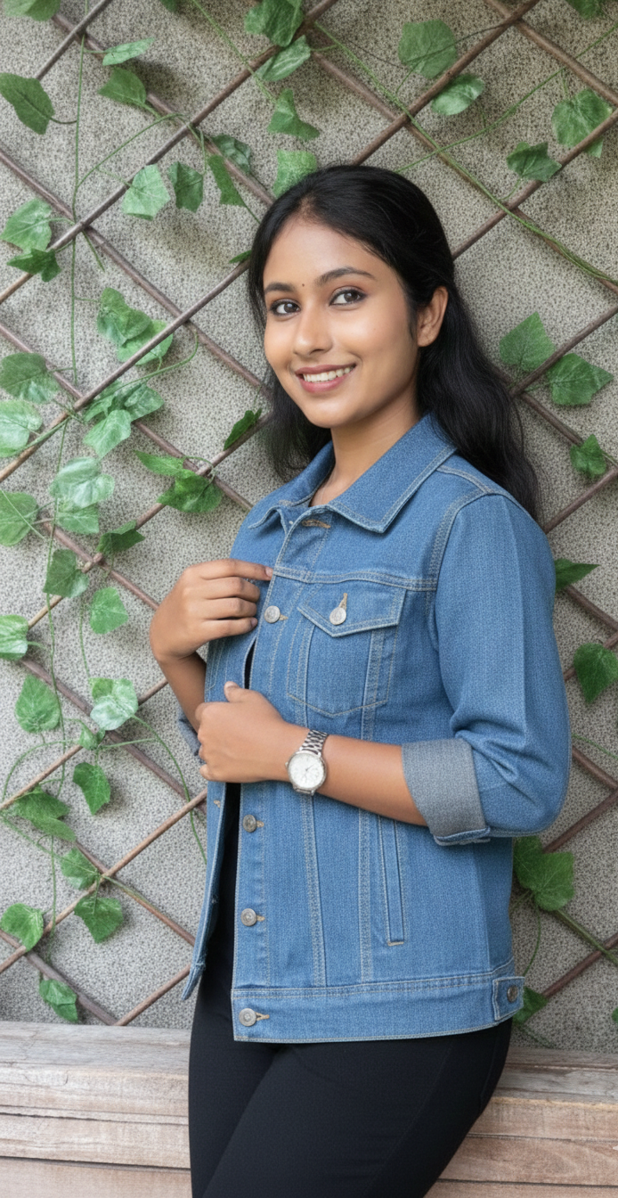 Woman in a blue denim jacket sitting on a bench with a green leafy background