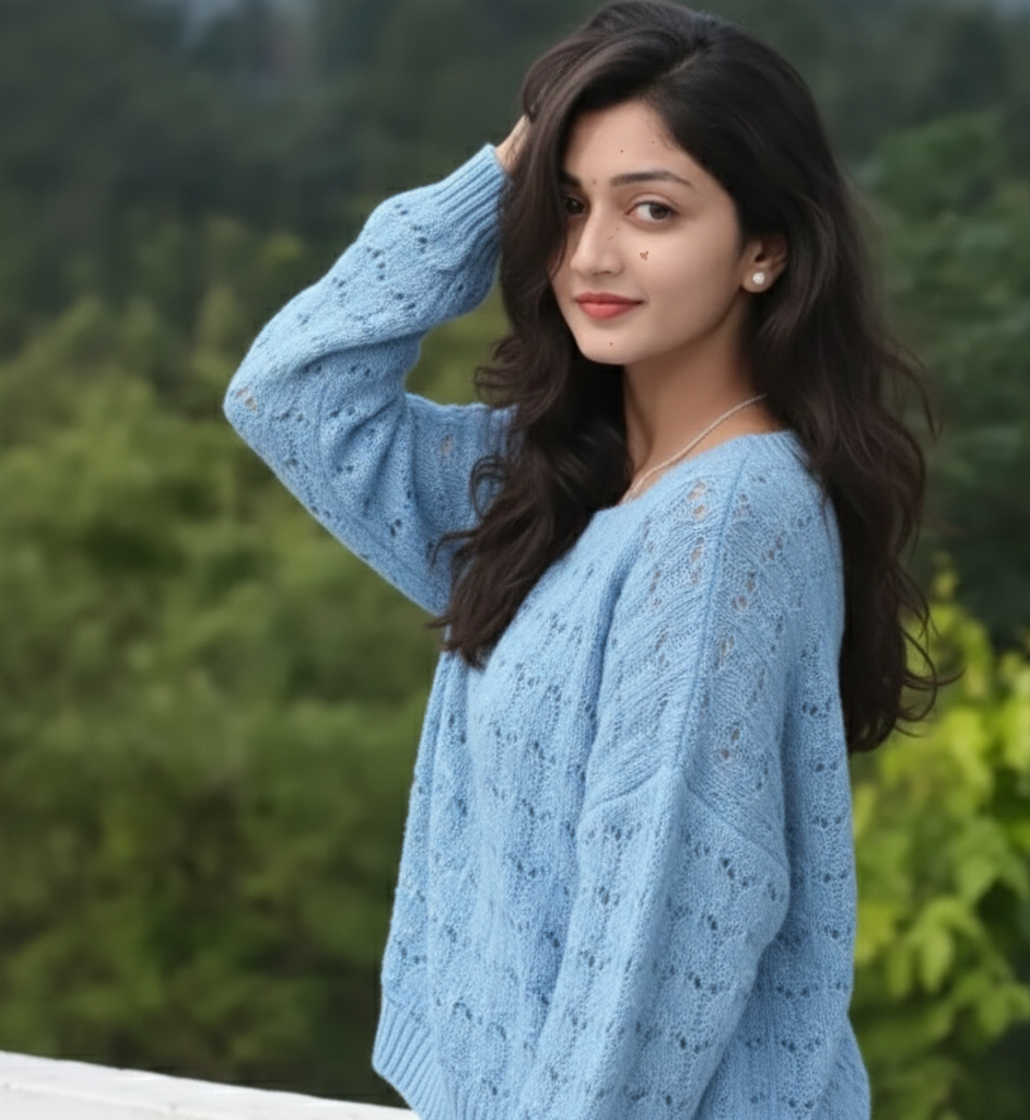 Woman wearing a blue sweater with a blurred green background