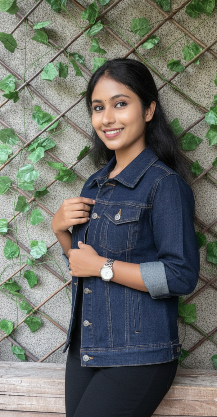 Woman wearing a denim jacket standing against a textured wall with greenery