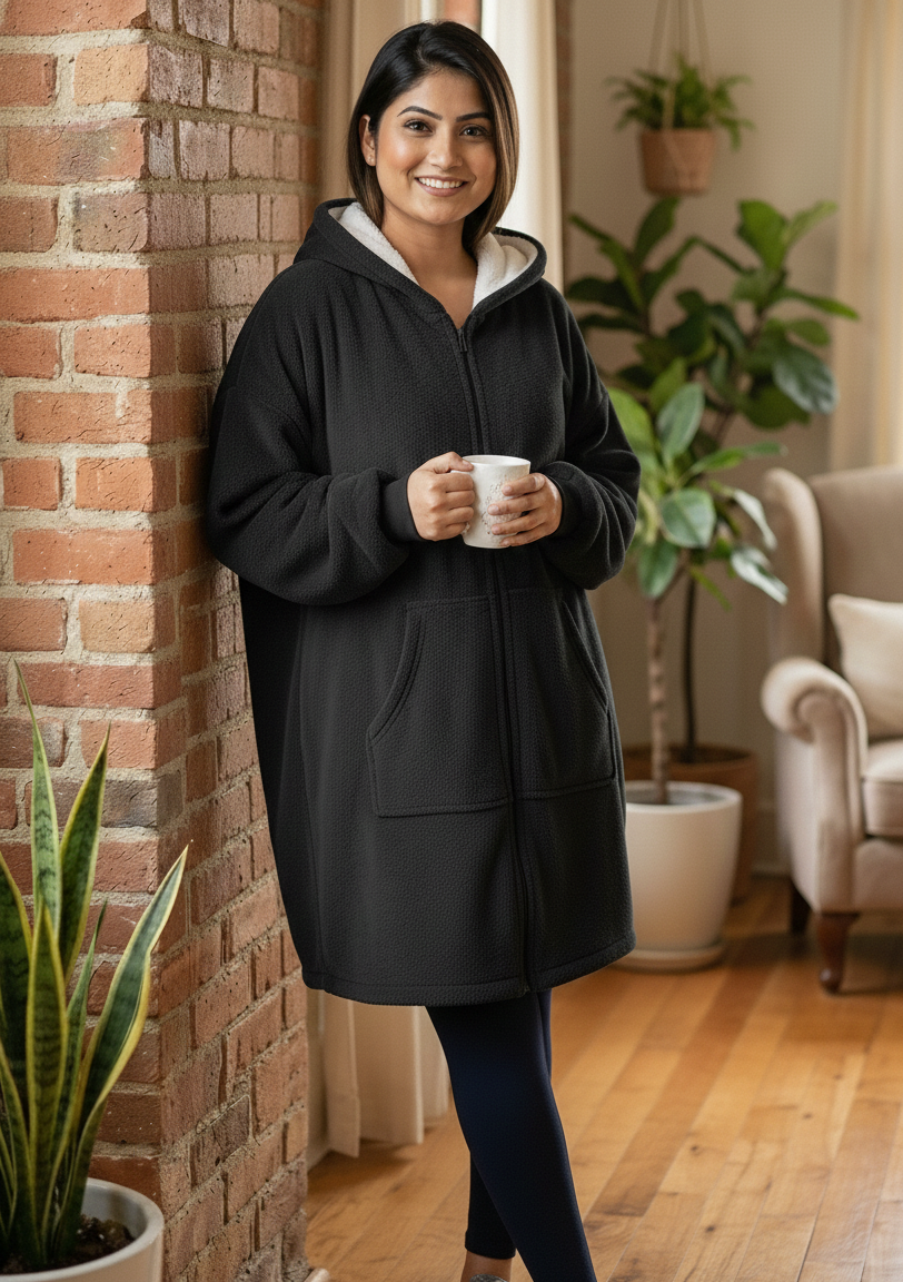 Woman in a black coat holding a mug in a cozy living room.