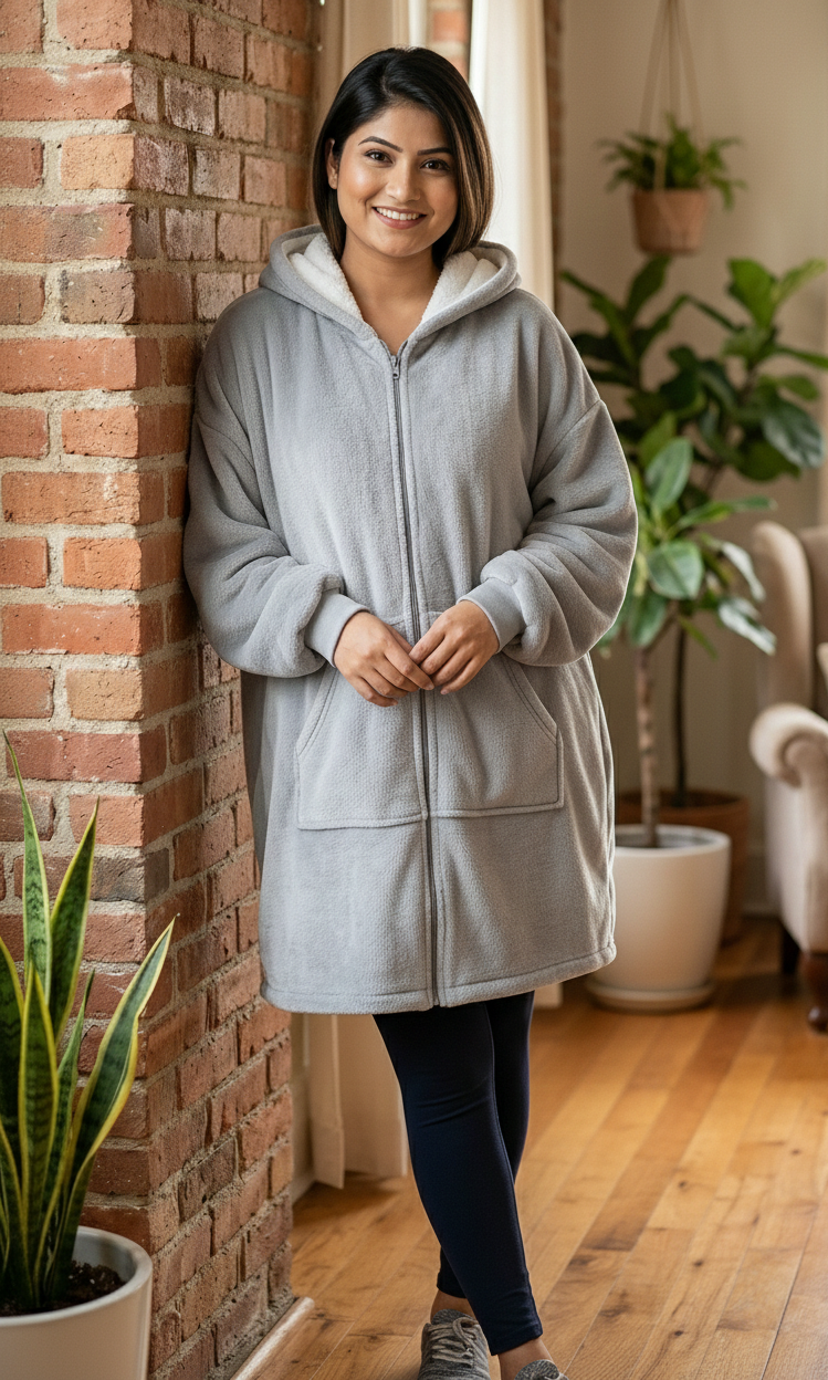 Woman wearing a gray hoodie standing indoors next to a brick wall with plants around.