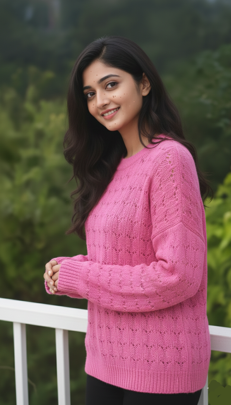 Woman wearing a pink sweater with a blurred green background