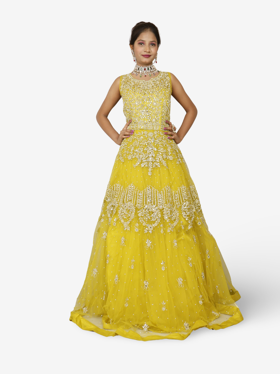 Lemon yellow gown with mirror and pearl work to soft net fabric for women by Shreekama-0