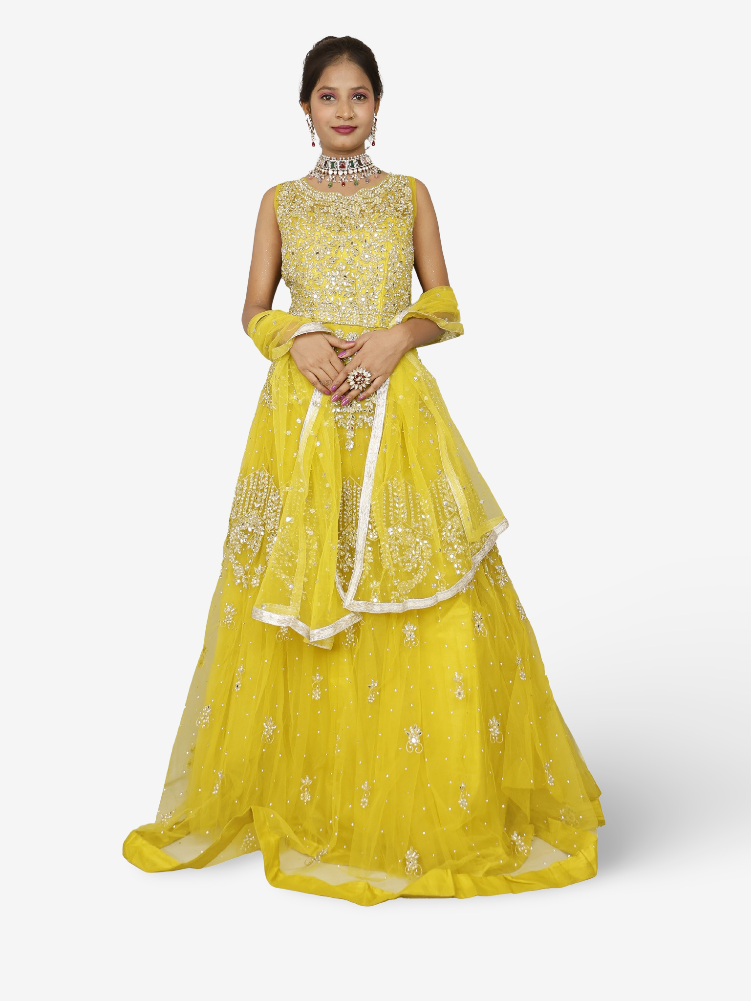 Lemon yellow gown with mirror and pearl work to soft net fabric for women by Shreekama-0