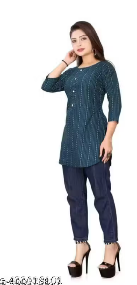 Woman wearing a blue printed kurta with pants on a white background
