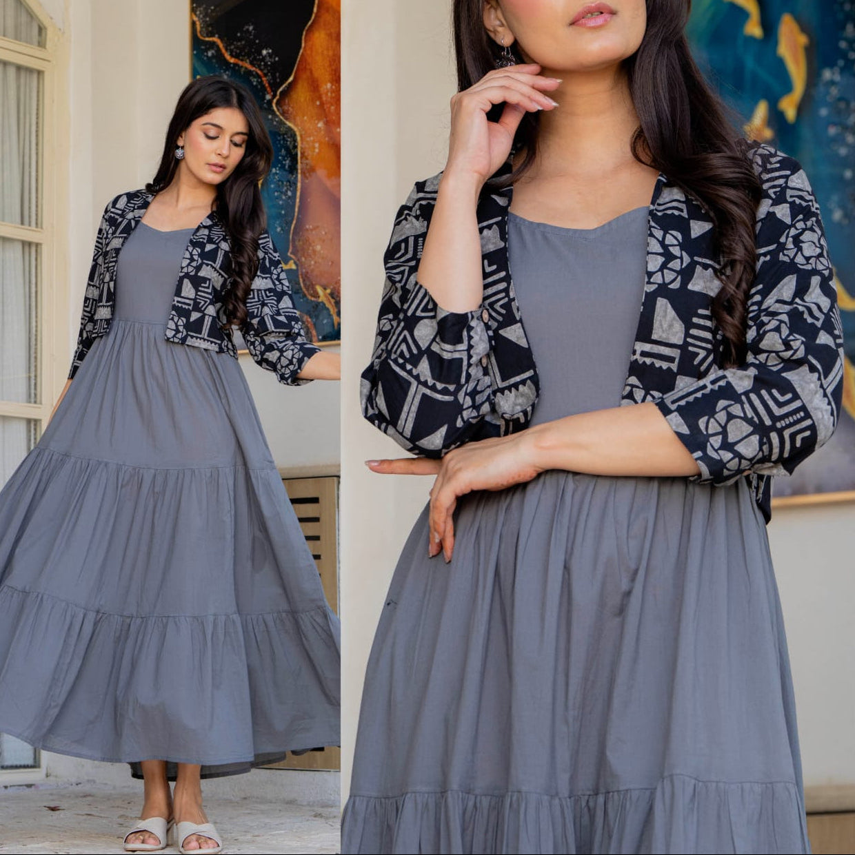 Woman wearing a gray dress with a patterned jacket indoors.