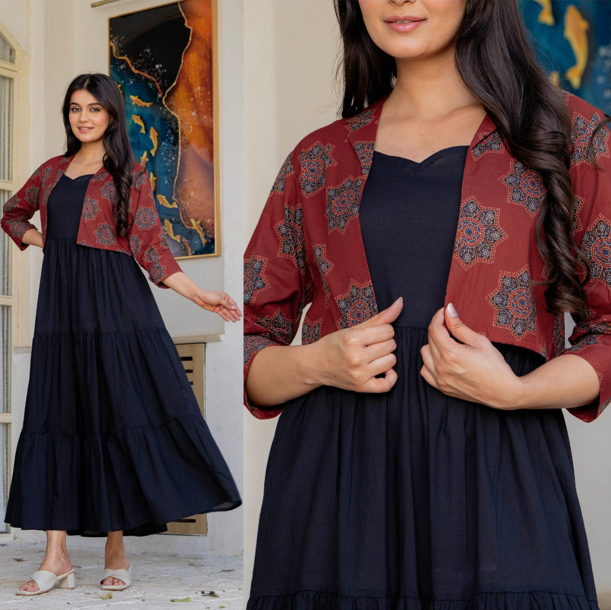 Woman wearing a red patterned jacket over a black dress, standing indoors.
