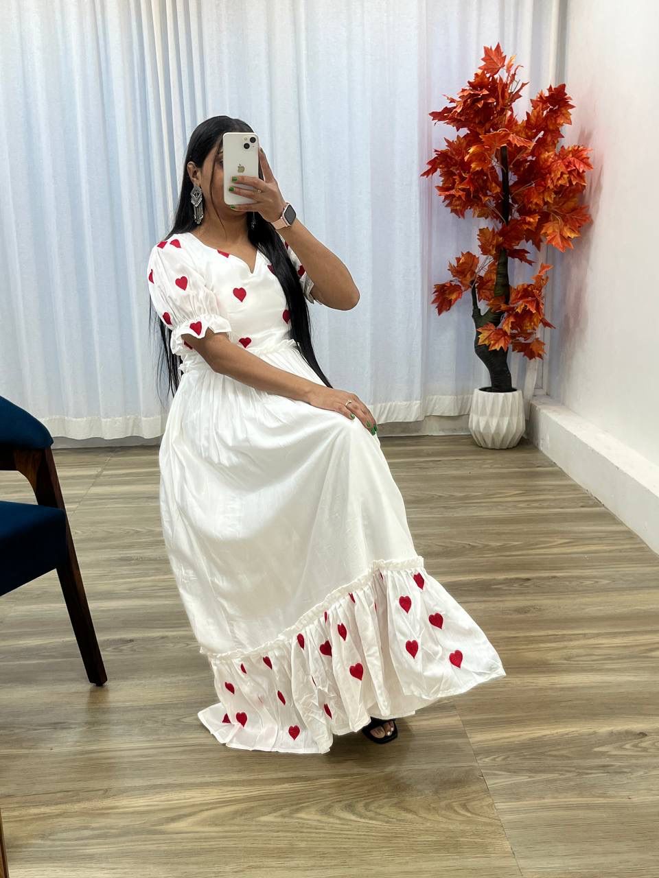 Milk White Heart Embroidered Anarkali