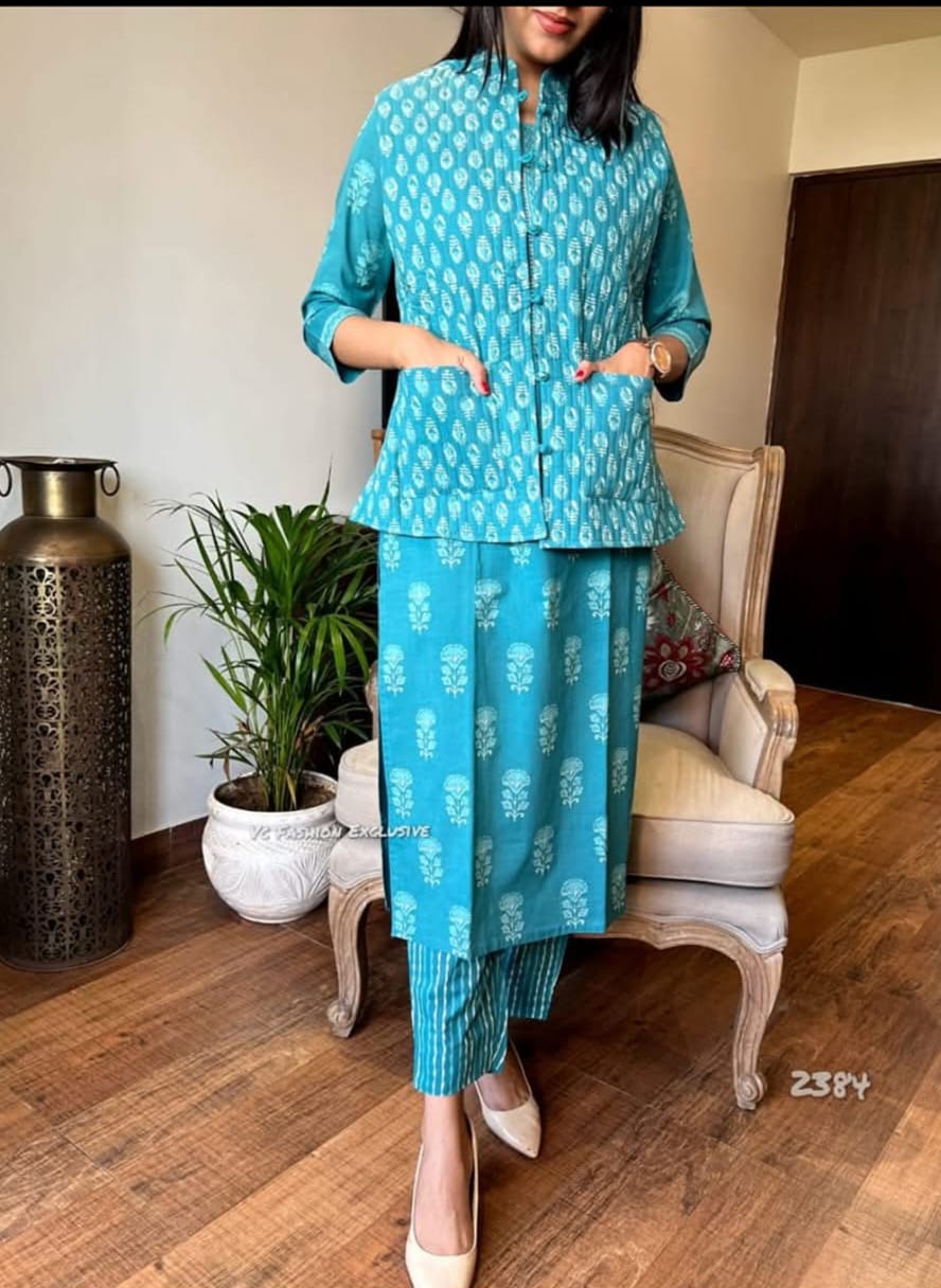 Sky Blue Winter Kurti Pant Set with Quilted Jacket