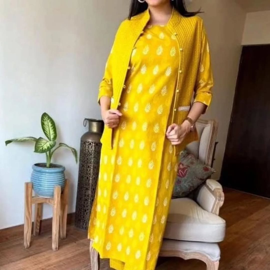Yellow Mustard Cotton Winter Kurti Pant Cord Set with Quilted Jacket