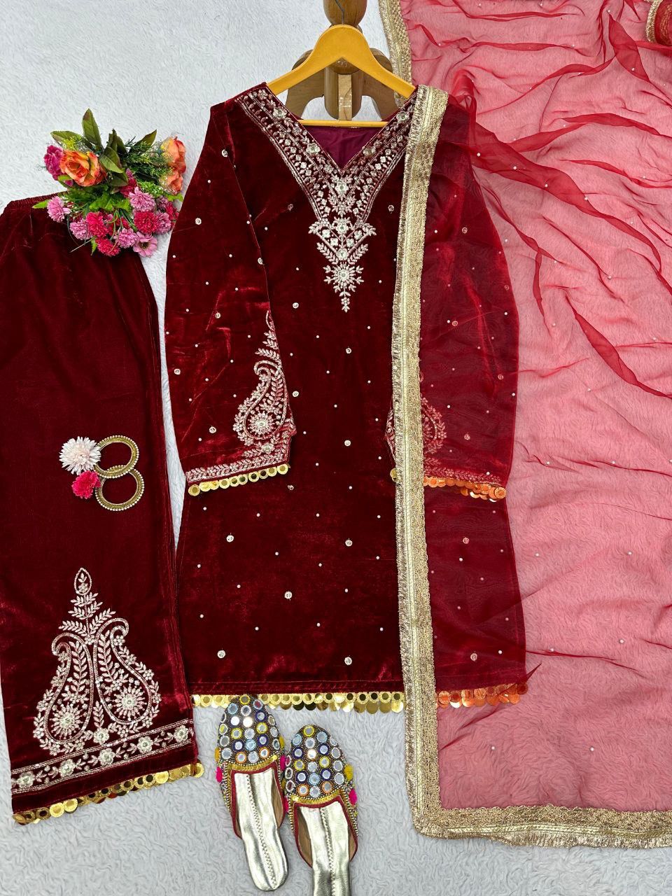 Red Velvet Viscose Winter Kurta Set with Organza Dupatta Coord Set
