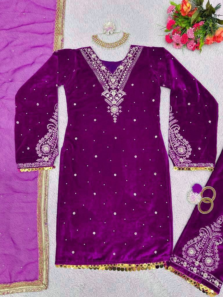 Purple Velvet Viscose Winter Kurta Set with Organza Dupatta Coord Set