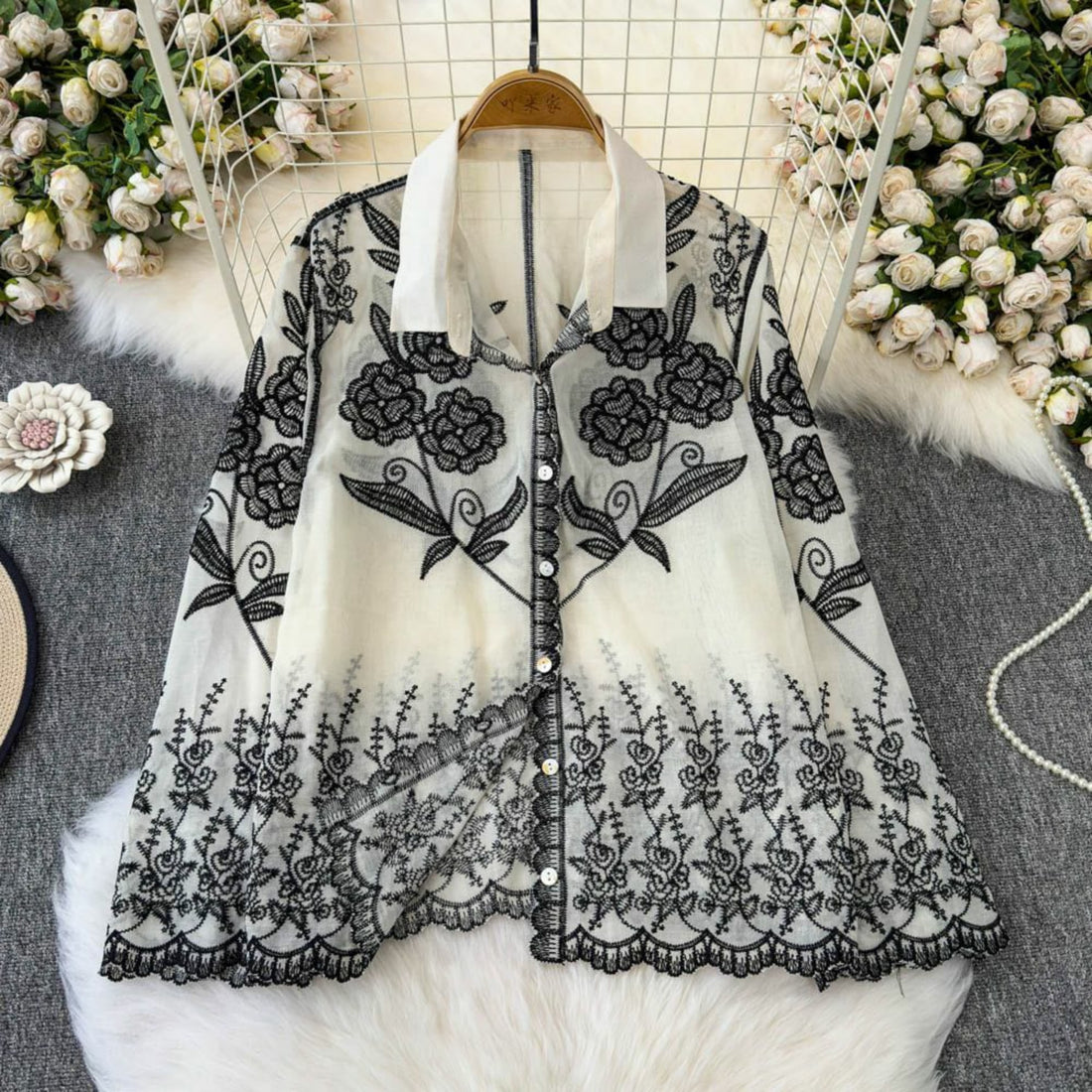 Black Flower Folkshirt