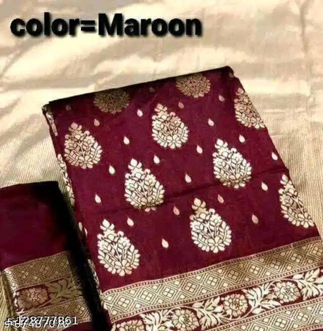 Jacquard Saree With Blouse For Women (Dark Red)