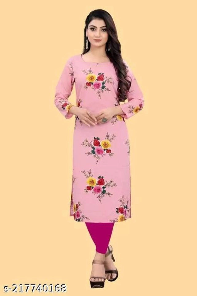 Woman wearing a pink floral dress on a beige background