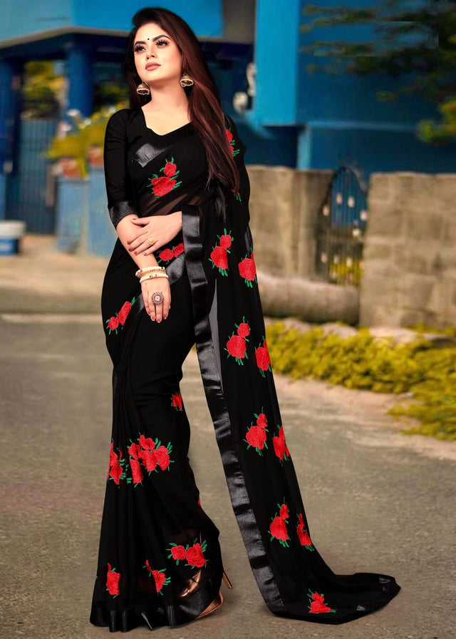 Georgette Embroidered Saree for Women (Bottle Green)