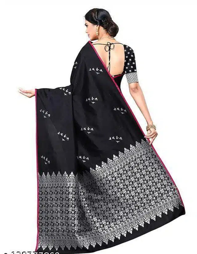 Jacquard Saree With Blouse For Women (Black)