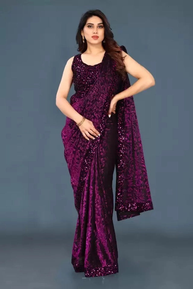 Lycra Blend Solid Saree for Women (Purple)