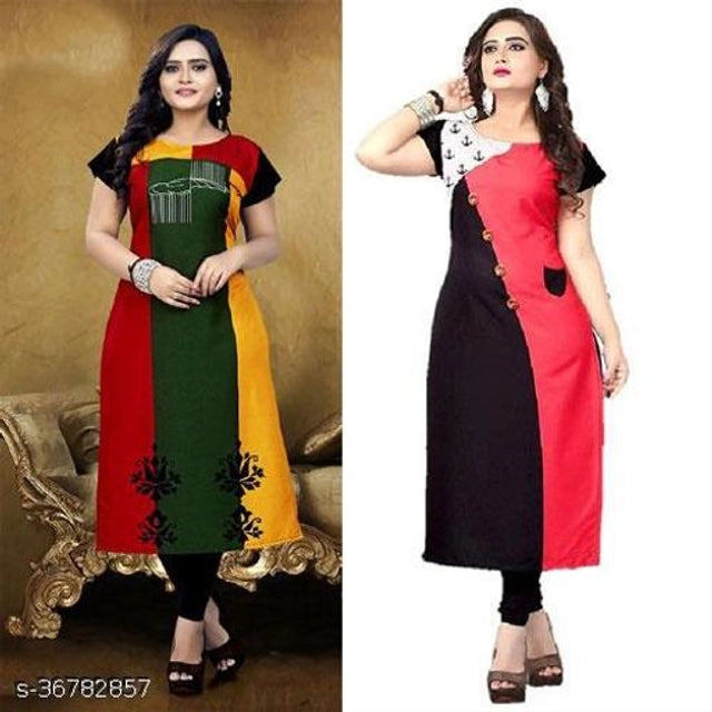 Two women modeling different kurtis with a gold and white background.