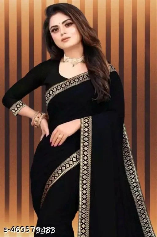 Lycra Blend Solid Saree for Women (Black)
