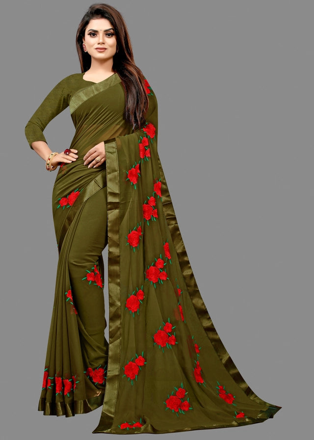 Georgette Embroidered Saree for Women (Olive)