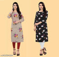 Two floral-patterned kurtis worn by a model on a beige background