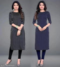 Two identical black and white striped kurtis worn by a model on a gray background