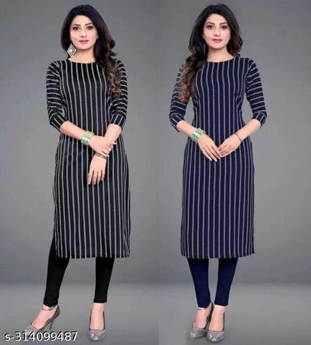 Two identical black and white striped kurtis worn by a model on a gray background