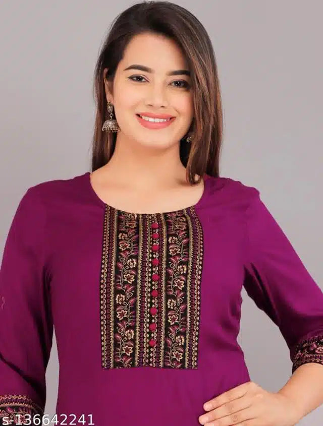 Royal Purple Rayon Embroidered Kurti for Women